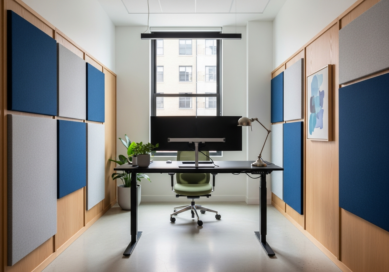 Quiet office with blue and gray acoustic wall panels designed for improved sound absorption.